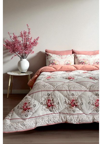 Çift Kişilik 4 Yastık Kılıflı Çift Taraflı Desenli Uyku Seti-Kanaviçe Pudra