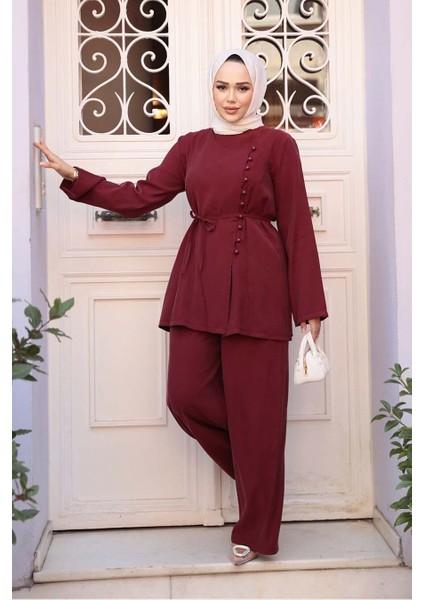 Düğmeli Bordo Tesettür Ikili Takım 30431BR
