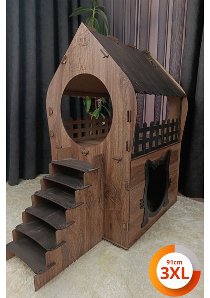 3xl Kedi Evi – Kahverengi, Iki Katlı, Merdivenli, Mdf, 91×92×52 cm