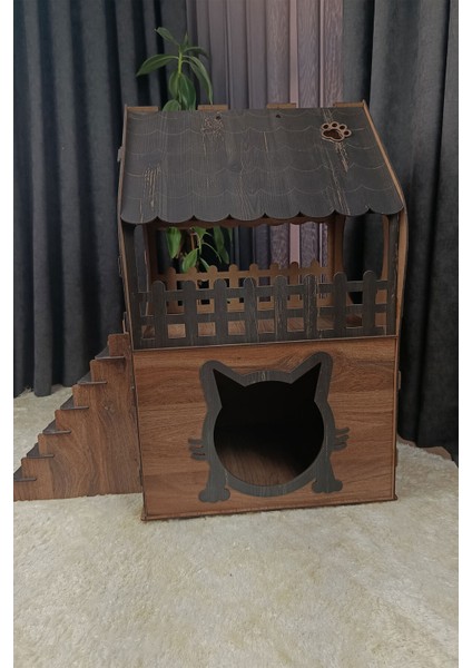 3xl Kedi Evi – Kahverengi, Iki Katlı, Merdivenli, Mdf, 91×92×52 cm modelleri