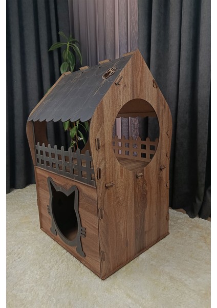 3xl Kedi Evi – Kahverengi, Iki Katlı, Merdivenli, Mdf, 91×92×52 cm