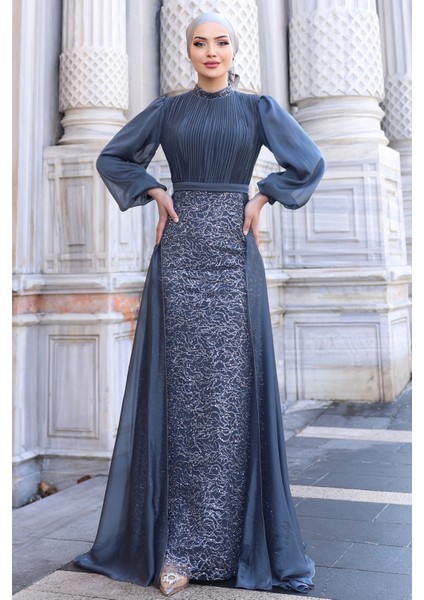 Lavanta Şifon Detaylı Gliten Kumaş Şık Tesettür Abiye