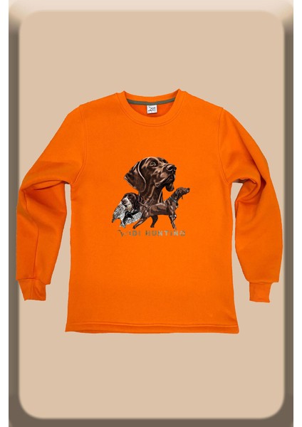 Avcılık Hunter Kurzhaar Av Köpeği ve Çulluk Baskılı Regular Fit %100 Pamuk Bisiklet Yaka Sweatshirt