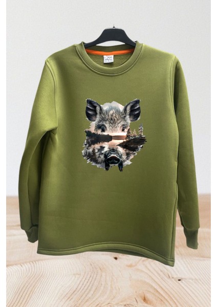 Avcılık Hunting Vahşi Yaşam Domuz Baskılı Pamuklu Regular Fit Bisiklet Yaka Sweatshirt