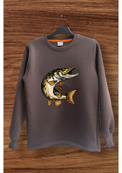 Fishing Balıkçılık Balık Baskılı Regular Fit %100 Pamuk Regular Fit Bisiklet Yaka Sweatshirt