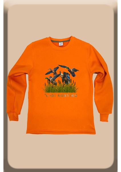 Hunter Avcılık Ördek Avı Baskılı Sazlık Regular Fit %100 Pamuk Bisiklet Yaka Turuncu Sweatshirt