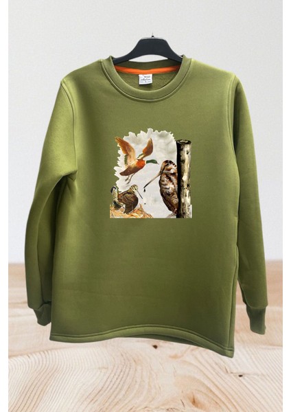Avcılık Çulluk Kuşu ve Setter Baskılı Regular Fit %100 Pamuk Regular Fit Bisiklet Yaka Sweatshirt