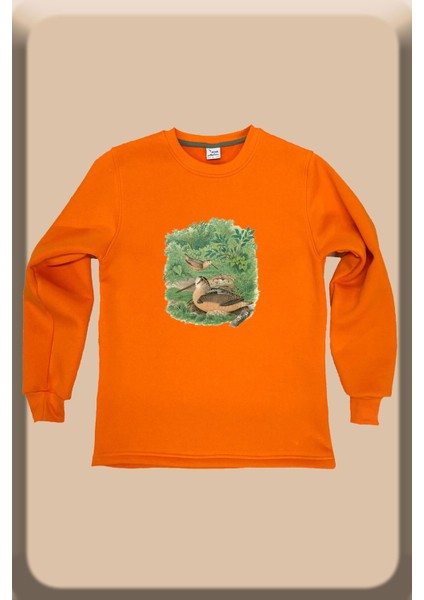 Avcılık Hunter Çulluk Kuşu Baskılı Vahşi Yaşam %100 Pamuk Bisiklet Yaka Turuncu Sweatshirt