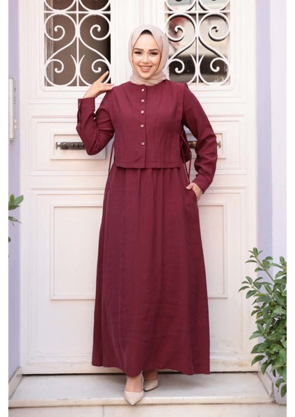 Süveter Detaylı Koyu Bordo Tesettür Elbise 7705KBR