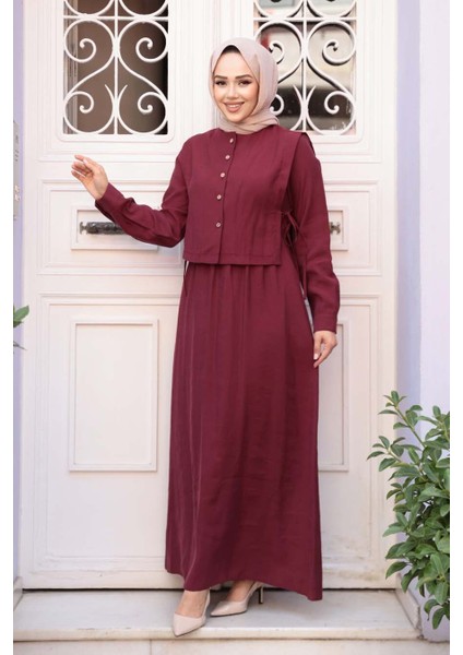 Süveter Detaylı Koyu Bordo Tesettür Elbise 7705KBR fiyatları