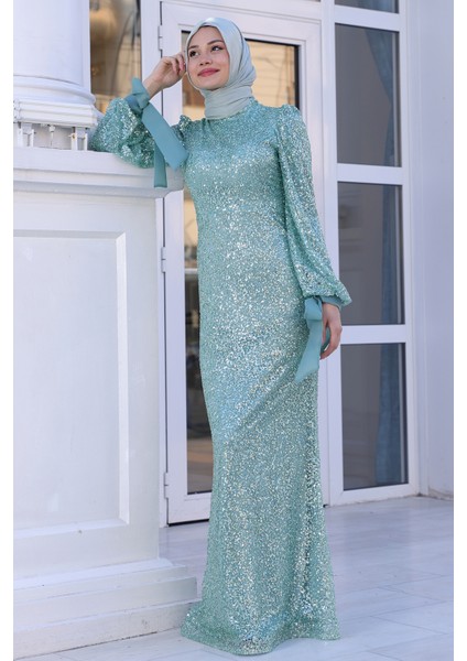 Parıltılı Kol Detaylı Şimal Tesettür Büyük Abiye