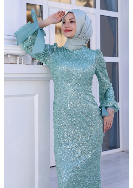 Parıltılı Kol Detaylı Şimal Tesettür Büyük Abiye fiyatları