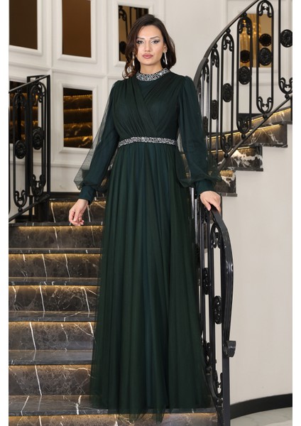 Senna Taş Detaylı Büyük Beden Şık Tesettür Abiye