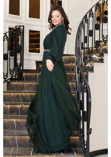 Senna Taş Detaylı Büyük Beden Şık Tesettür Abiye