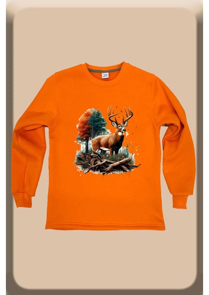 Avcılık Kamp Doğa Vahşi Yaşam Orman ve Geyik Baskılı Regular Fit Bisiklet Yaka Turuncu Sweatshirt