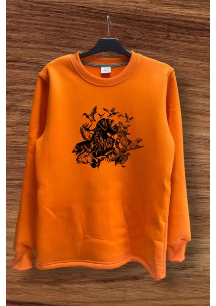 Avcılık Hunter Drahthaar Av Köpeği ve Keklik Ördek Çulluk Baskılı Regular Fit %100 Pamuk Sweatshirt