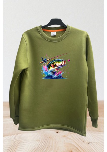Fishing Balıkçılık Renkli Levrek Balığı Baskılı Avcılık Regular Fit %100 Pamuk Sweatshirt
