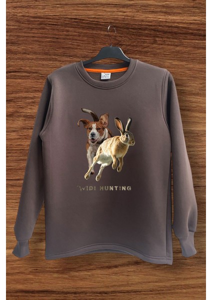 Avcılık Hunting Tavşan Avı ve Av Köpeği Baskılı Regular Fit %100 Pamuk Bisiklet Yaka Sweatshirt