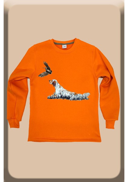 Hunter Avcılık Fermalı English Setter Baskılı Regular Fit Bisiklet Yaka Turuncu Sweatshirt