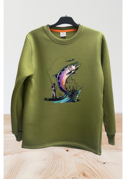 Hunter Avcılık Balıkçılık Alabalık Baskılı Regular Fit %100 Pamuk Bisiklet Yaka Sweatshirt