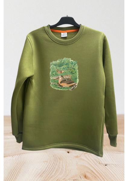 Avcılık Hunter Çulluk Kuşu Baskılı Vahşi Yaşam %100 Pamuk Bisiklet Yaka Sweatshirt