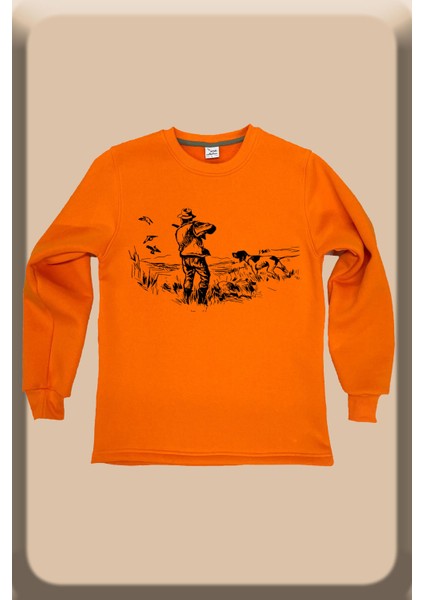 Hunter Avcılık Temalı Av Köpeği Tasarım Baskılı Setter Regular Fit Bisiklet Yaka Turuncu Sweatshirt