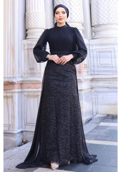 Lavanta Şifon Detaylı Gliten Kumaş Şık Tesettür Abiye