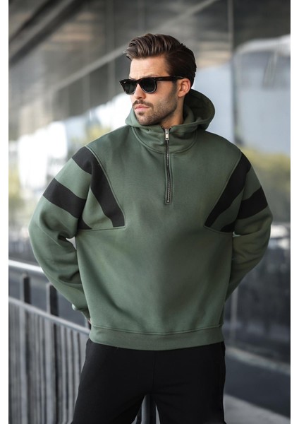Haki Fermuarlı Yaka Kapüşonlu Erkek Sweatshirt E7161
