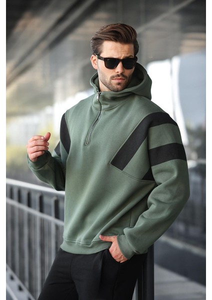 Haki Fermuarlı Yaka Kapüşonlu Erkek Sweatshirt E7161 fiyatları