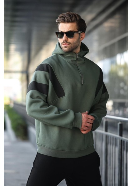 Haki Fermuarlı Yaka Kapüşonlu Erkek Sweatshirt E7161 fırsatları