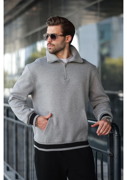 Grimelanj Fermuarlı Dik Yaka Kanguru Cep Erkek Sweatshirt E7159