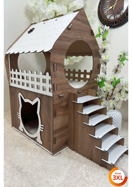 Kedi Evi 3xl, Kahverengi Beyaz, Merdivenli, Iki Katlı Mdf 91×92×52 cm