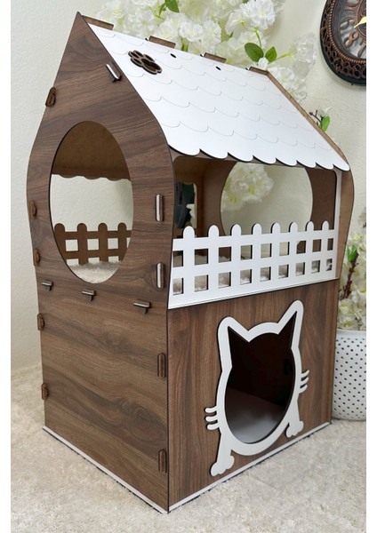 Kedi Evi 3xl, Kahverengi Beyaz, Merdivenli, Iki Katlı Mdf 91×92×52 cm fırsatları