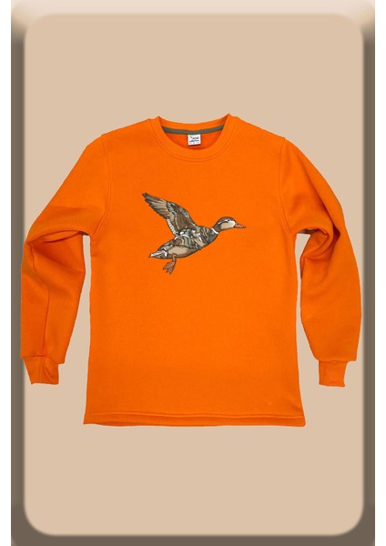 Avcılık Hunter Kamuflaj Desen Ördek Baskılı Regular Fit %100 Pamuk Bisiklet Yaka Turuncu Sweatshirt