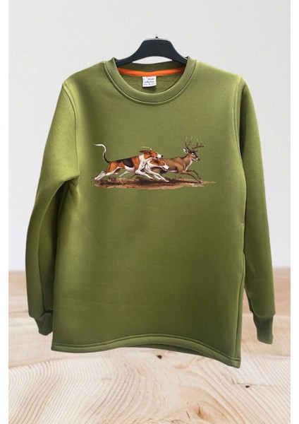 Avcılık Hunting Geyik Avı Baskılı Avcı Köpekleri Pamuk Bisiklet Yaka Sweatshirt