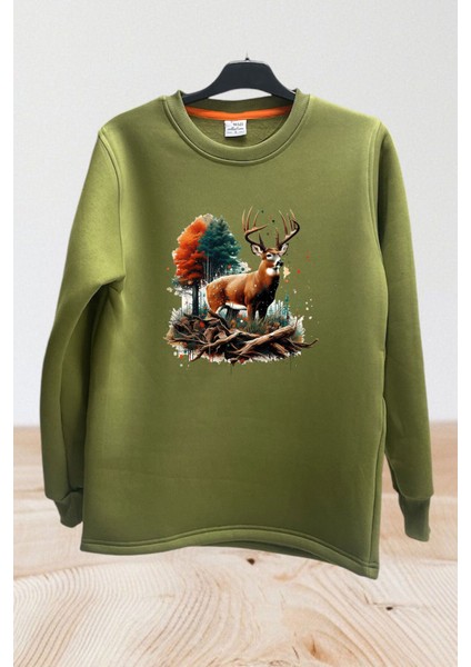 Avcılık Kamp Doğa Vahşi Yaşam Orman ve Geyik Baskılı Regular Fit Bisiklet Yaka Sweatshirt