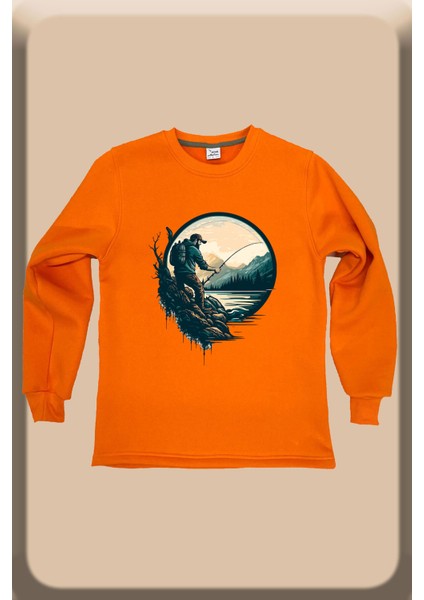 Balıkçılık Olta ile Balık Tutmak Baskılı Regular Fit %100 Pamuk Bisiklet Yaka Turuncu Sweatshirt