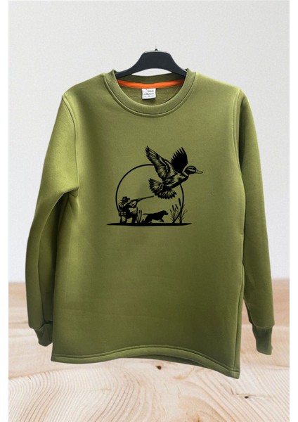 Hunting Avcılık Ördek Avı ve Avcı Köpeği Tüfek Baskılı Regular Fit %100 Pamuk Sweatshirt