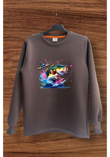 Fishing Balıkçılık Renkli Levrek Balığı Baskılı Avcılık Regular Fit %100 Pamuk Sweatshirt