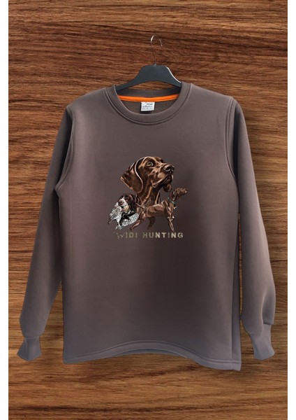 Avcılık Hunter Kurzhaar Av Köpeği ve Çulluk Baskılı Regular Fit %100 Pamuk Bisiklet Yaka Sweatshirt