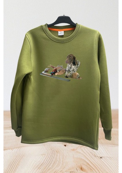 Avcılık Hunter Kurzhaar Av Köpeği ve Keklik Baskılı Regular Fit %100 Pamuk Bisiklet Yaka Sweatshirt