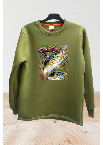 Avcılık Fishing Levrek Balıkçılığı Baskılı Balık Tutmak ve Olta Regular Fit Bisiklet Yaka Sweatshirt