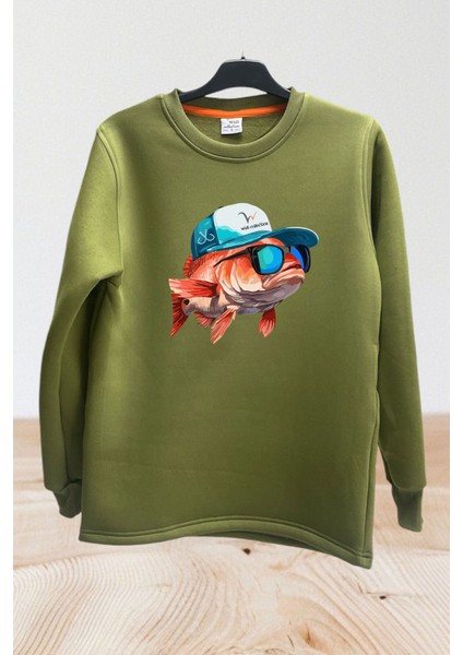 Avcılık Fishing Balıkçılık Şapkalı Balık Baskılı Regular Fit %100 Pamuk Bisiklet Yaka Sweatshirt