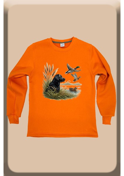 Hunter Avcılık Ördek Setter Baskılı Regular Fit %100 Pamuk Bisiklet Yaka Turuncu Sweatshirt