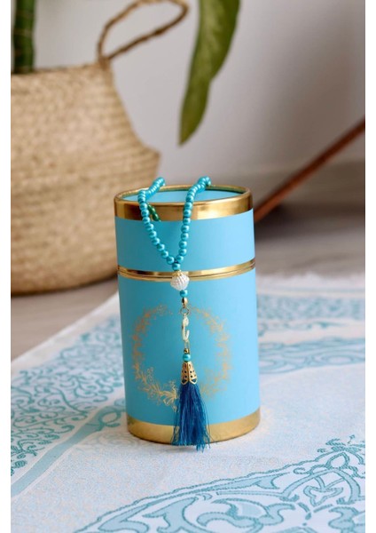 Silindir Kutulu Seccade ve Tesbih Seti S1040 Mavi