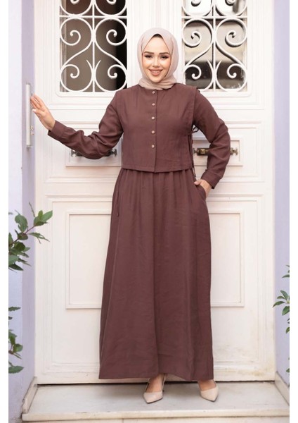 Süveter Detaylı Kahverengi Tesettür Elbise 7705KH