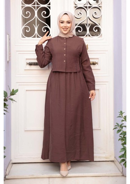 Süveter Detaylı Kahverengi Tesettür Elbise 7705KH fiyatları