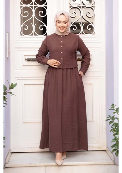 Süveter Detaylı Kahverengi Tesettür Elbise 7705KH modelleri