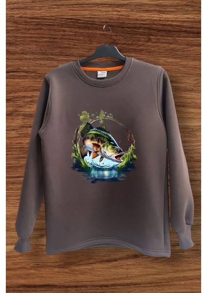 Avcılık Fisging Levrek Balıkçılığı Baskılı Regular Fit %100 Pamuk Bisiklet Yaka Sweatshirt