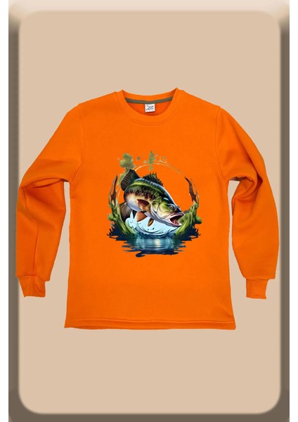 Avcılık Fisging Levrek Balıkçılığı Baskılı Regular Fit %100 Pamuk Bisiklet Yaka Turuncu Sweatshirt